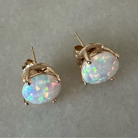 14k Solid Gold Opal Cabochon Post Earrings - Picture 7 of 16